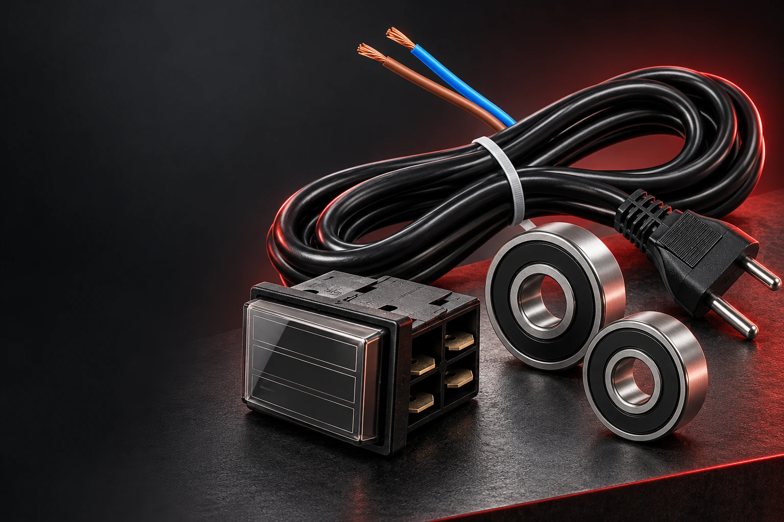 Composição 3D do cabo PP, rolamentos vedados e chave elétrica do catálogo